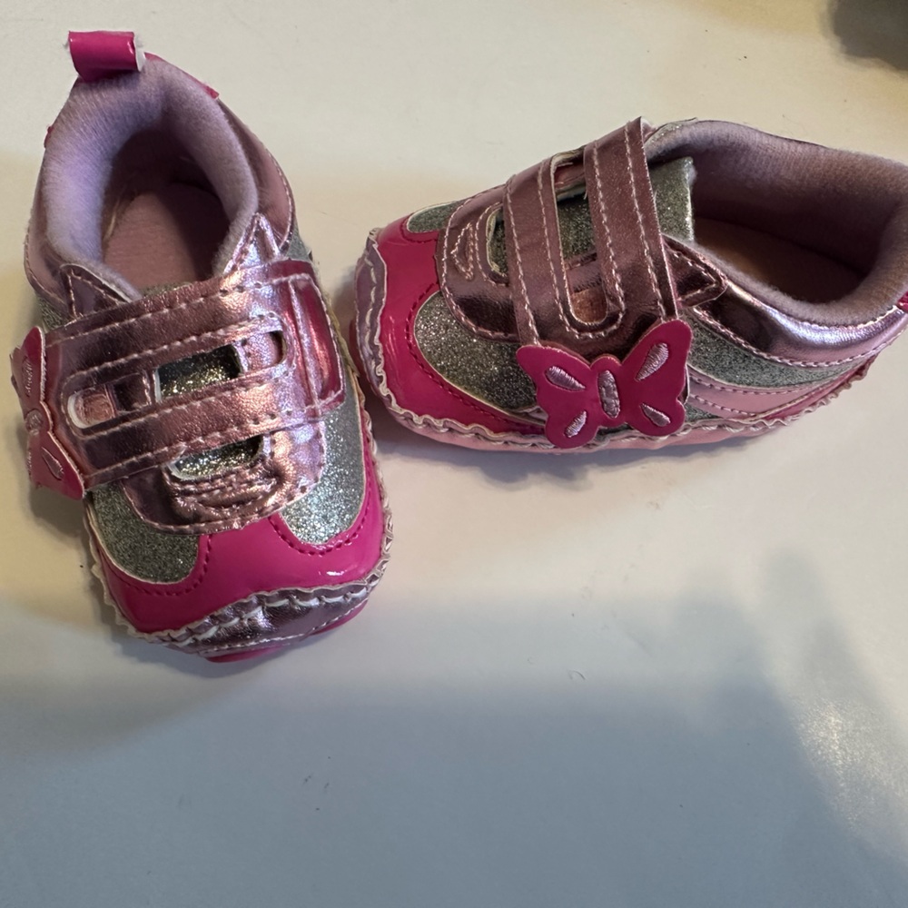 RISING STAR PINK GLITTER BUTTERFLY VELCRO SIZE 3-6 MOS SNEAKER TENNIS SHOES